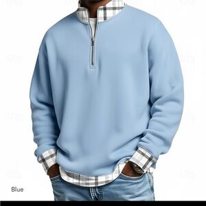 👕 Ouku Men’s Quarter Zip Pullover – Blue Plaid Trim (XL) NWT